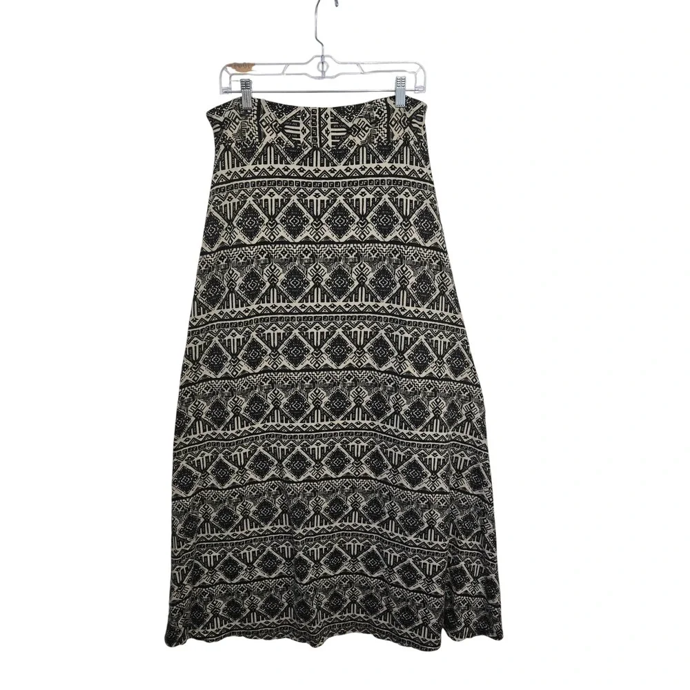 Roz & Ali Womens Black White Geometric Tribal Print‎ Jersey Knit Maxi Skirt M